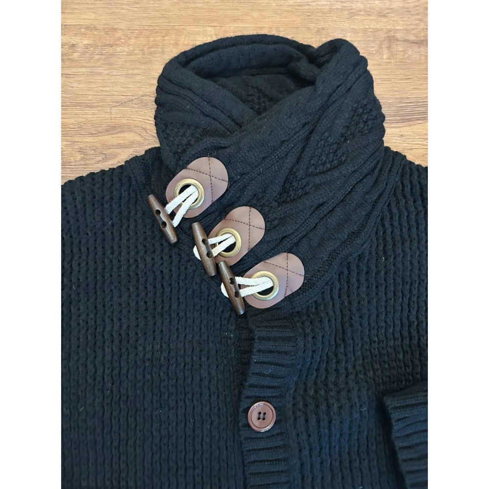 Karleywindow Men's Turtleneck Horn Button Cable Knit Sweater Black L Fisherman